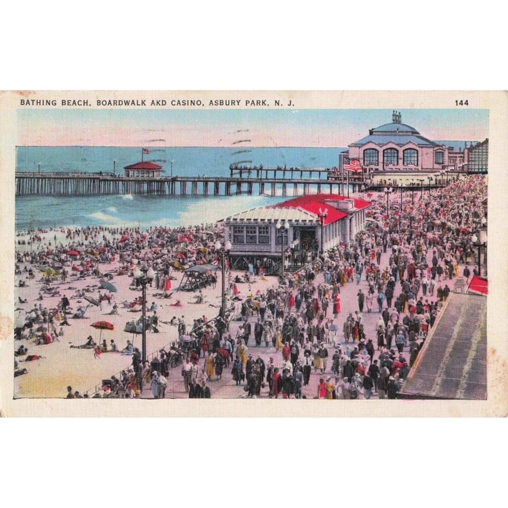 Vintage 1935 Asbury Park NJ Bathing Beach Boardwalk Casino Linen Postcard